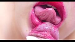 Slobbery and juicy blowjob with red lips pov